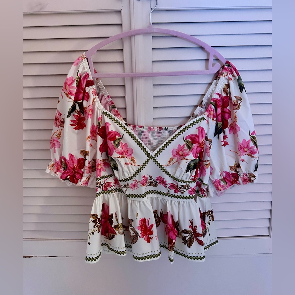 Pink Floral Peplum Puff Sleeve Blouse